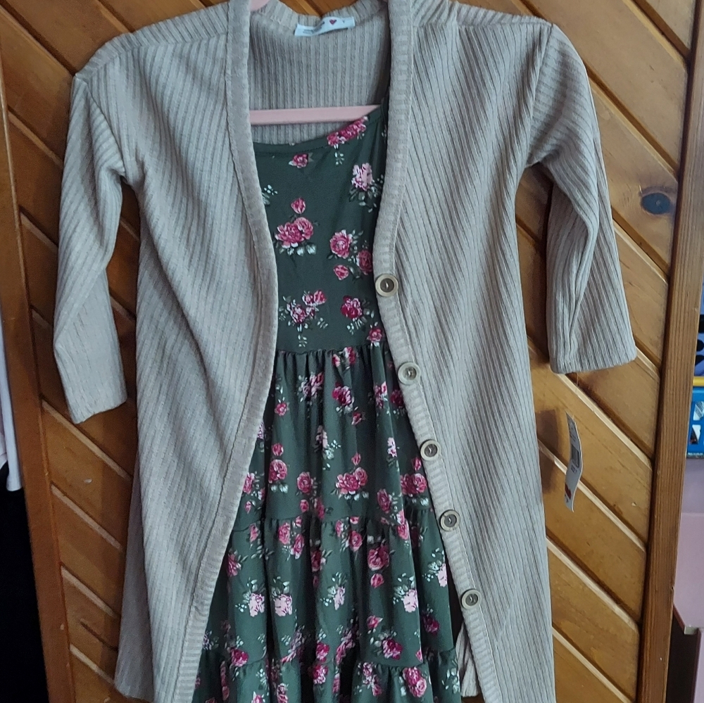 Beautees Big Girls Printed Knit Dress and Cardigan, 2-Piece Set - Olive